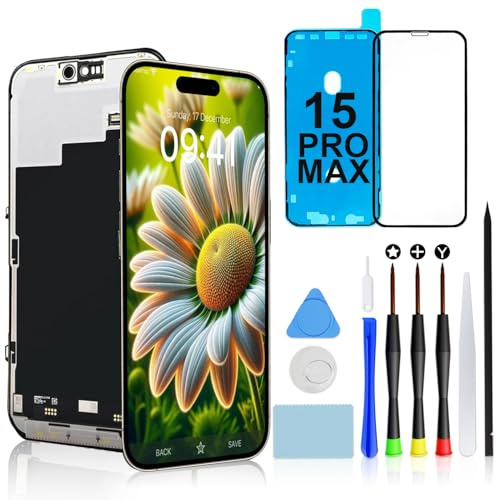 for iPhone 15 Pro Max Screen Replacement Kit, 6.7 FHD LCD Display Assembly | COF Touch Screen Digitizer Assembly with Repair Tools, Waterproof Adhesive Seal, Tempered Glass Protector & Installation Kit