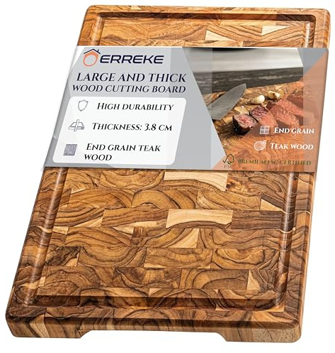 Erreke Schneidebrett aus Natürlichem Teakholz End Grain, 44x30x3,8 cm, Groß | Schneidebrett Holz. XL mit Saftrille. Wendbar und mit Griffen. Holz-Schneidebrett Küche. Für Käse Wurst Fleisch Brot