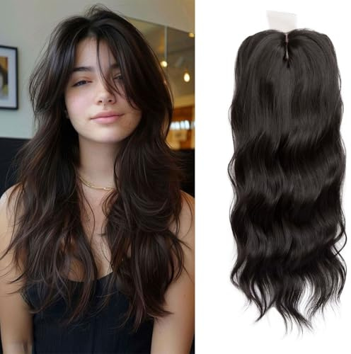 Lace Front Hair Body Wavy Topper Big Base Cover Thinning Hair White Clip in Hair Toppers for Women Fiber Wiglets with Fringe (Brown Black)