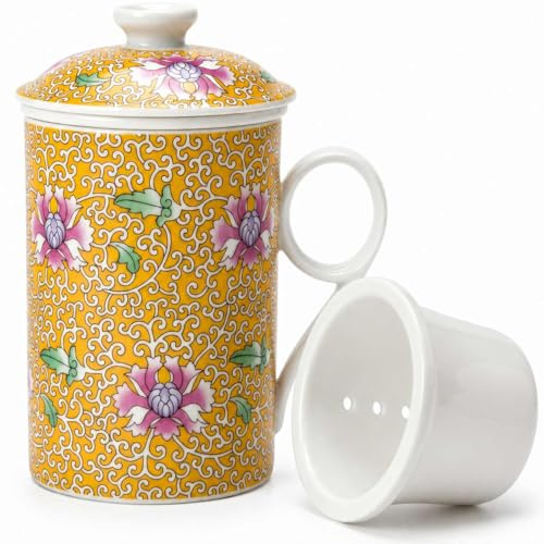 AiXception Ceramic Tea Infuser Mug with Lid, Yellow Wanhua Floral Porcelain Steeping Cup, 12 oz, 3-Piece Traditional Chinese Tea Set with Removable Filter