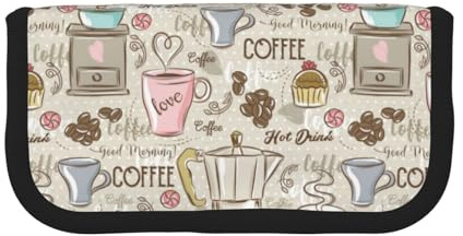 POKOMPTY Vintage Espresso Machine Cupcakes Beans Printing Large Pencil Case Big Capacity Canvas Pencil Case for Women for Makeup Brushes