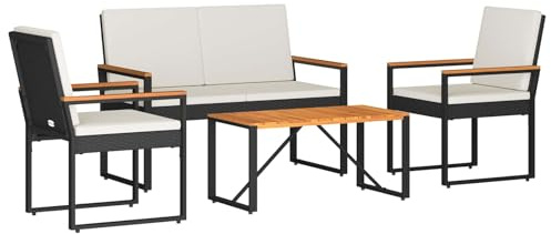 vidaXL Gartenmöbel Set 4 pcs Schwarz und Cremeweiß Poly-Rattan, Stylische, rechteckige, wetterfeste Gartenmöbel, Patio-Set, Akazienholz, perfekt für draußen