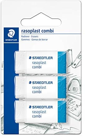 STAEDTLER 526 BT3BK3D Radierer rasoplast combi phtalat- und latexfrei, 3 Stück auf Blisterkarte, weiß/blau