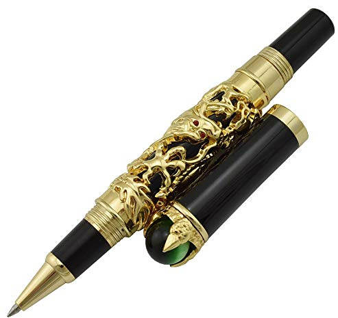 Jinhao Drachen-Tintenroller, goldener Drache, der Perlenfass spielt, grüner Schmuck oben mit kleinem Stiftbeutel