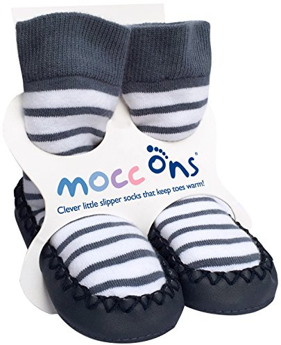 Mocc Ons moccasin washable leather sole slipper socks (18-24 Months, Nautical Stripe)