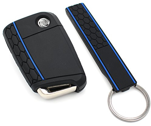 Finest Folia Schlüssel Hülle + Keytag VB für 3 Tasten Auto Schlüssel Silikon Cover (Schwarz Blau)