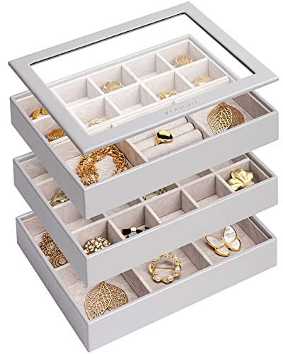 Vlando Schmucktablett Stapelbar mit Deckel, Schmuckaufbewahrung Schublade mit 3 Ebenen, Schmuckkästchen für Ohrringe Ketten Aufbewahrung, Jewelry Organizer für Damen Herren