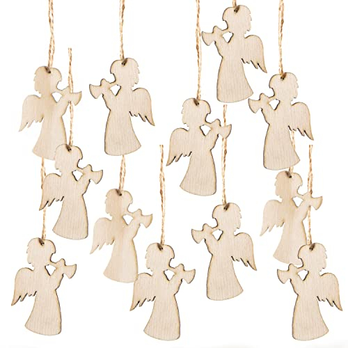 Logbuch-Verlag 12 Holz Engel Anhänger mit Schnur zum Aufhängen Weihnachten Deko Baumschmuck 6 cm dünn flach zum Versenden