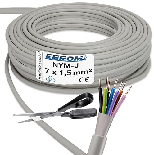 EBROM – NYM-J 7x1,5 mm² (mm2) Mantel GRAU, 7 Litzen FARBIG zur perfekten Zuordnung bei der Installation, sehr viele Längen! 99,9% OFC Kupfer - Mantelleitung - Installationsleitung, Länge: 50 Meter