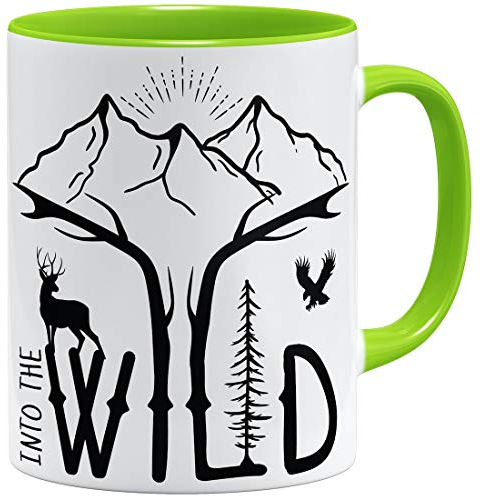 OM3® Into The Wild Hiking Trails Nature Kaffee-Tasse für Wanderer - Keramik Becher - 11oz 325ml - Beidseitig Bedruckt - Hellgrün