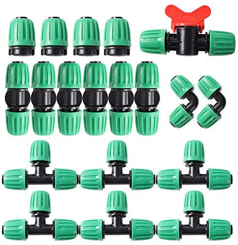 19 Pcs Irrigation Fittings Kit,1/2 inch Pipe/Hose Irrigation Connector Pack 6 Tees 6 Couplings 4 Ends 2 Elbows 1 Switch Valves Barbed Connectors for Drip Sprinkler Systems Garden Patio Lawn