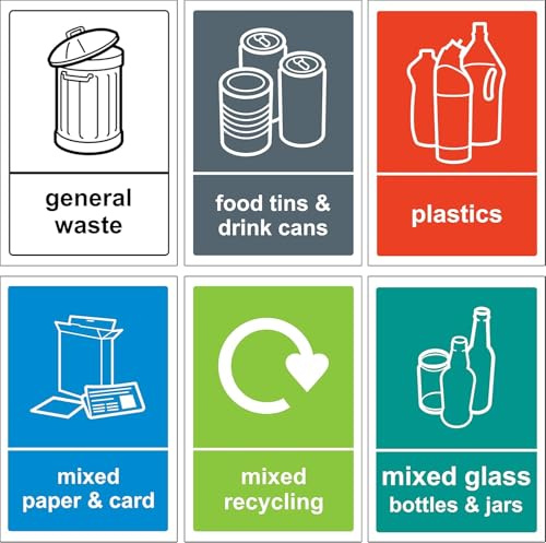 Recycling bin Sign/Sticker pack - Pack of 6 Self adhesive Stickers (300mm x 200mm)