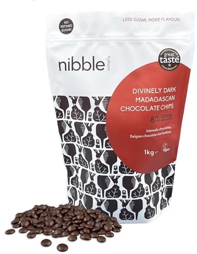 Nibble Simply 1kg Divinely Dark Madagascan Chocolate Chips, 81% Cocoa Mass - Single Origin - Vegan - No Refined Sugar