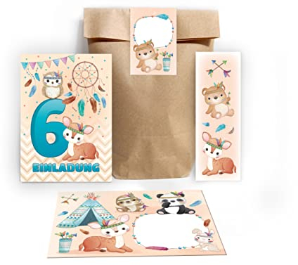 Junapack 12 Einladungskarten zum 6. Kindergeburtstag Einladung zum sechsten Geburtstag Mädchen Jungen Tiere Indianer Eule REH incl. 12 Umschläge, 12 Tüten/Natur, 12 Aufkleber, 12 Lesezeichen