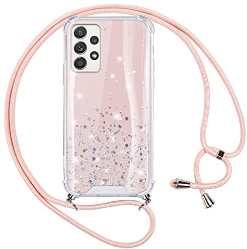 Vauki Handykette für Samsung A52s 5G Hülle, HandyHülle mit Band Silikon Stoßfest PC Glitzer Case mit Glühen Necklace Schutzhülle mit Kordel Lanyard Abnehmbar zum Umhängen für Samsung A52 4G/5G, Rosa