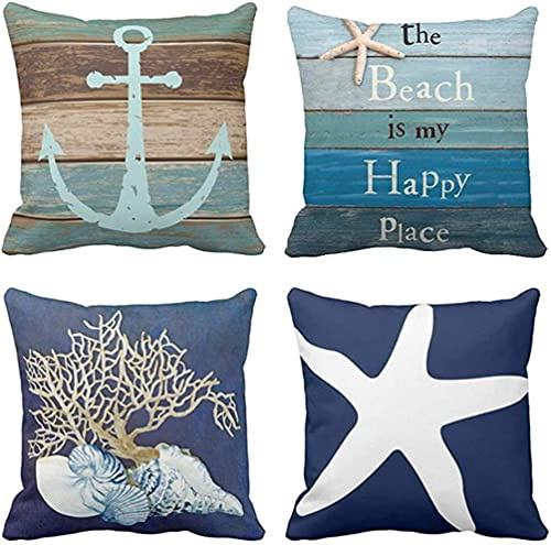 TOMMO 4er-Set Kissenbezug 45 cm x 45 cm Seemalien küstenstrand und Blauer türkisfarbener Anker Witterungsholz Old Decorative Wurf Kissen Deckungen Home Decor Square 18x18 Zoll Wurfkissen Hüllen