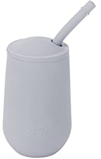 ezpz Happy Cup 24 Monate + Trainingsbecher für Kleinkinder mit Deckel und Strohhalm, 100% Silikon, entworfen von einem Spezialisten für pädiatrische Fütterung, Hellgrau