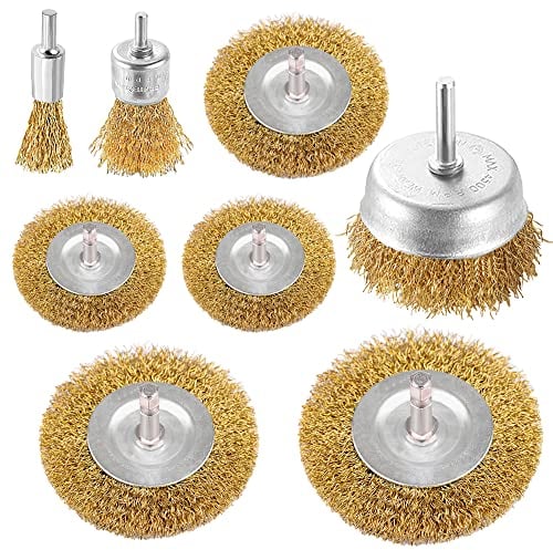Wire Wheel Cup Brush Drills Set 8 pcs,Brass Coated Wire Brush Wheel Cup Brush Metal Brushes for Drill 1/4 Inch Shank for Cleaning Rust, Flakes and Abrasives Drill Attachment