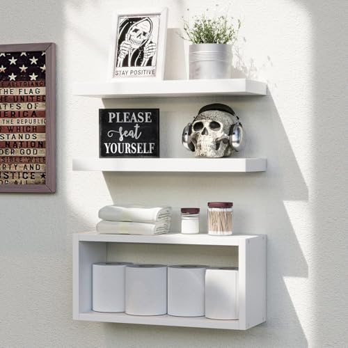 RICHER HOUSE 3er-Set Wandregal Holz, Weiße Schwebende Wand Montierte Regale | 2+1er-Set Badezimmerregale,Regale für Wanddekoration, über WC Wandregale für Badezimmer, Schlafzimmer, Wohnzimmer, Küche