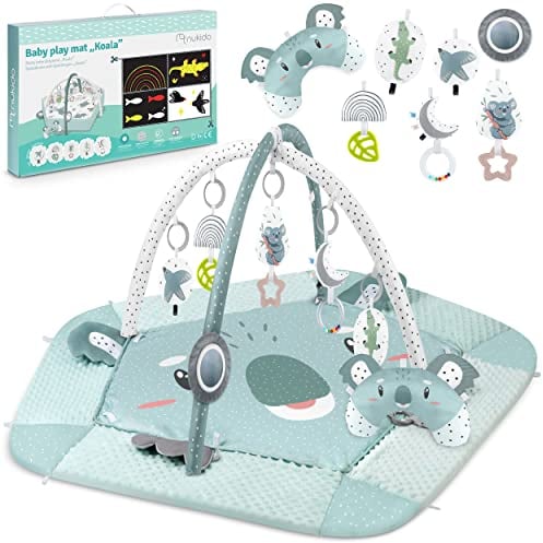Nukido Interaktives Spielbogen Baby 5in1 Krabbeldecke für Baby Spielmatte mit 5 Wänden Laufstall Baby Babynestchen Neugeborene mit Bauchzeit Kissen 2 Bogen mit 7 Sensorik Spielzeug Mint