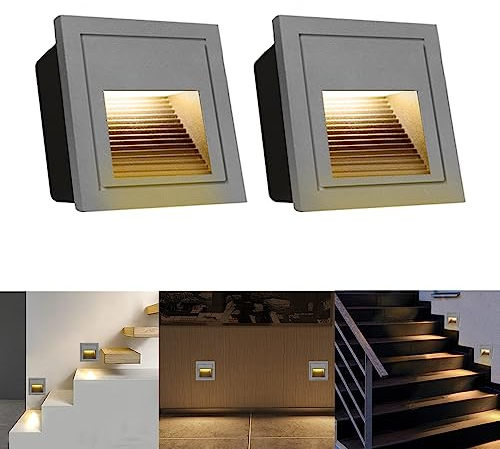 Arotelicht LED Treppenlicht/Treppen-Leuchte 2Pcs für innen und außen, eckig, Warmweiß 3000K Wandleuchte Stufenlicht Beleuchtung IP65 wasserdicht, Grau für Garten, Terrasse, Treppen,Schritte