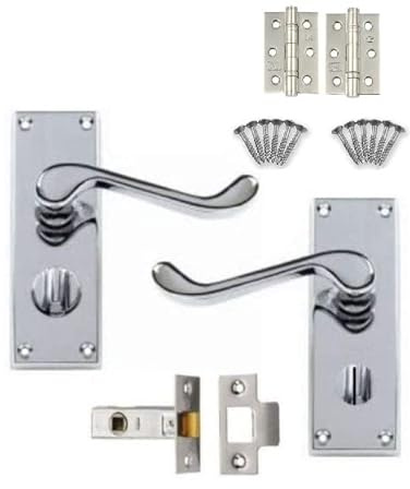 Golden Grace Victorian Scroll Privacy Handle, Polished Chrome, 120x40mm | Complete set includes a pair of 3-inch ball bearing hinges and a 63mm tubular latch, with durable zinc construction.