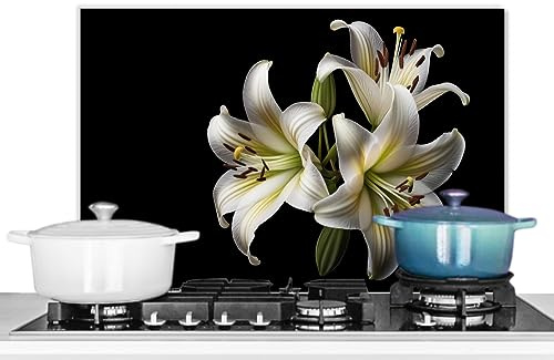 KitchenYeah© Plaque Anti Projection Cuisine Aluminium Décoration Couvercle | 60x40 cm - Anti Éclaboussure Crédence Cuisine Lys - Fleurs - Blanc - Nature - Botanique