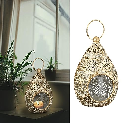 Windlicht Mandala-Design │ Glas Metall 13x19,5x12cm Gold weiß │ Glaseinsatz für Kerze Teelicht (1 x Windlicht Mandala 19,5cm)