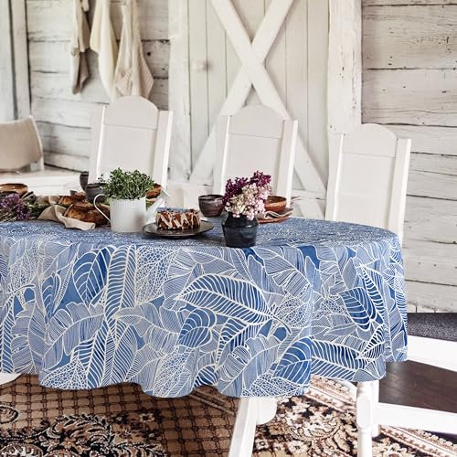 Yighty Ovale Blaue und weiße Tischdecke, 152,4 x 213,4 cm, blaues Blatt, ländliche Tischdecke, klassisch, französisch, modern, Landhaus-Dekoration, geeignet für Esszimmer und Küche, Essen drinnen und