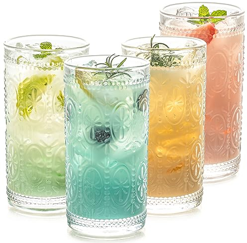 POLIDREAM Gerippte Trinkgläser 4er Set, 400ml Cocktailgläser, Facetten-Schliff Kaffee Gläser, Rgerippte Gläser, Longdrinkgläser Set für Wasser, Mojito umd Bier Glas - Spülmaschinengeeignet