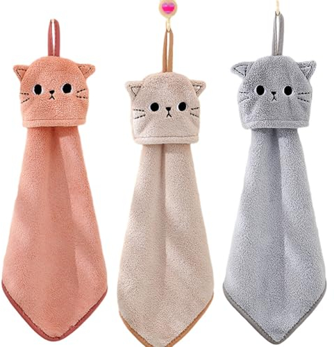 Lustige Katze Hängetuch, 3 Stück Korallensamt Handtuch, zum Aufhängen, Küchenhandtuch, Handtücher mit Aufhängeschlaufe für Badezimmer, Handtuch,Kinder-Set, saugfähiger Waschlappen mit Schlaufe