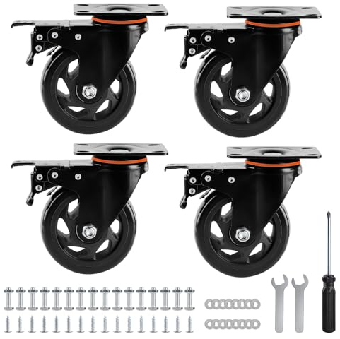 SWAWIS 4Pcs Rollen Schwerlast 100mm, Lenkrollen mit Bremse, Möbelrollen mit Montagezubehör Schwerlastrollen Polyurethan 360°Drehbar Transportrollen für Möbel Trolley Tisch Schrank, Tragkraft 600KG