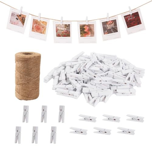 VijarCrea Lot de 100 mini pinces à linge blanches en bois avec ficelle de jute de 100 m, petites épingles à linge de 3,6 cm pour photos, travaux manuels, photos, fête prénatale, support photo blanc