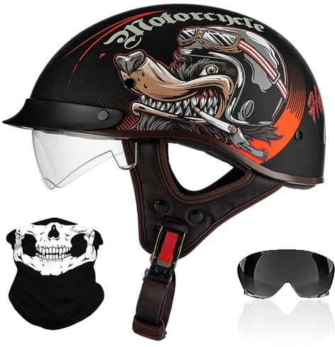 Retro Motorrad Halbhelme, Motorradhelm mit ECE Zertifiziert, Vintage Deutscher Stil Jethelm mit Visier, Halbschalenhelm Damen und Herren, für Biker Chopper Cruiser Roller Scooter