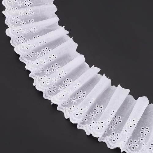 FINGERINSPIRE Spitzenbesatz Aus Baumwolle 13.7 m 95~100 mm Breit Weißes Ösen Spitzenband Florale Stickerei Spitzenbesatz Gewellter Rand Florales Baumwoll Spitzenband Zum Nähen von Kleidern Kleidung