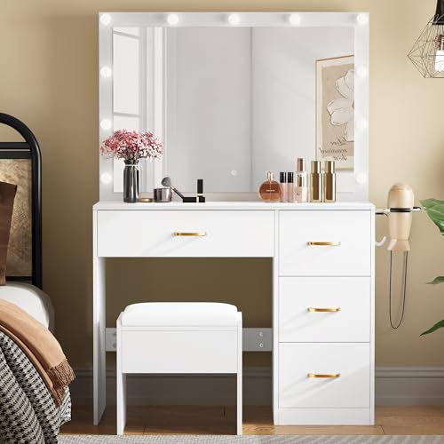 YITAHOME Dressing Table,Vanity Table with LED Bulb Mirror,Bedroom Dressing Tables with Charging Socket,Vanity Desk with Drawers & Stool,White