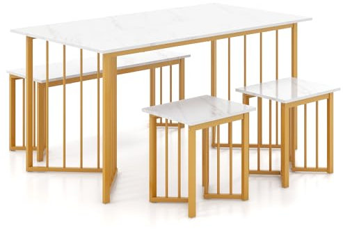 TANGZON Dining Table and 2 Stools with Bench, Marble Effect Large Kitchen Table and Chairs Set 4 with Wing-shaped Metal Legs, Breakfast Dining Room Table Sets Furniture for Home Bar Restaurant