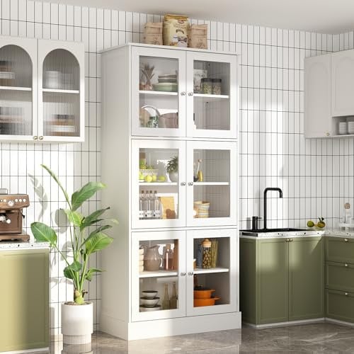 DEZAGCE Armoire de cuisine à 6 portes, buffet de cuisine, buffet, vitrine, bibliothèque, armoire de rangement à 6 portes avec 3 cloisons réglables en hauteur, vitrine de collection avec étagères