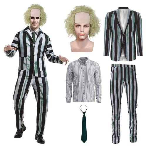 OPAEHJF 5 Stück Schwarz Weiß Gestreifter Halloween Anzug mit Perücke, Krawatte, Halloween Karneval Fancy Dress up Cosplay Kostüm (XXL)