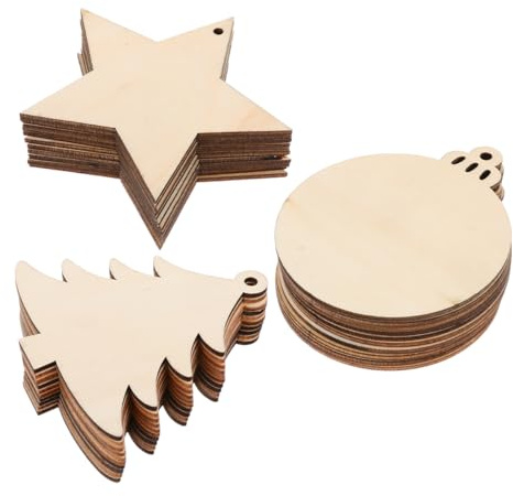 NIYANGLE Christmas Wooden Decorations for Crafting, Wood Stars Slices Christmas Tree Round Baubles Cutouts Disc Ornaments with Holes and String for Xmas Tree Ornaments 30pcs