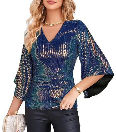 Damen V-Ausschnitt Sexy Bluse Einfarbige Solid Bluse Pailletten Club Top 3/4 Ärmel Leicht Shirt Glänzende Highlights Top Party Bunte lila Pailletten XXL