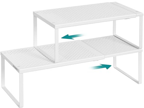 SONGMICS Spice Racks, Set of 2 Expandable Kitchen Countertop Shelves, Small Cupboard Organizers, Metal, Space-Saving Tabletop Shelves, Matte White UKCS402W01