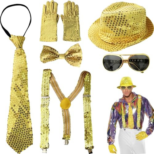 DONGZQAN 7PCS Glitzer Outfit Herren Glitzer Kostüm, Fasching Kostüm Herren, Disco Outfit Heren, Glitze Accessoires Heren, Glitze Hut Heren für Fasching Party Dance Performance (Gold)