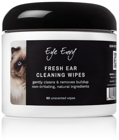 Eye Envy Fresh Ear Cleaning Wipes for Cats. Made in The USA from Natural Ingredients. Unscented. Prevents Infections. Safe and Non-Irritating. Removes Dirt, Debris, and Wax buildup. 60 Count.
