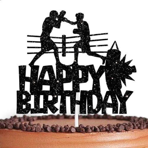 Black Glitter Happy Birthday Cake Topper Cheer to Boxing Sports Theme Decorations Men Boys Birthday Anniversary Party Decor Supplies