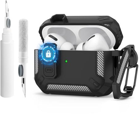 for AirPods Pro 2nd/1st Case with Cleaning Kit and Keychain, Shockproof Rugged Shell Protective Cover with lock for AirPod Pro case (2023/2022/2019) Men (Black)