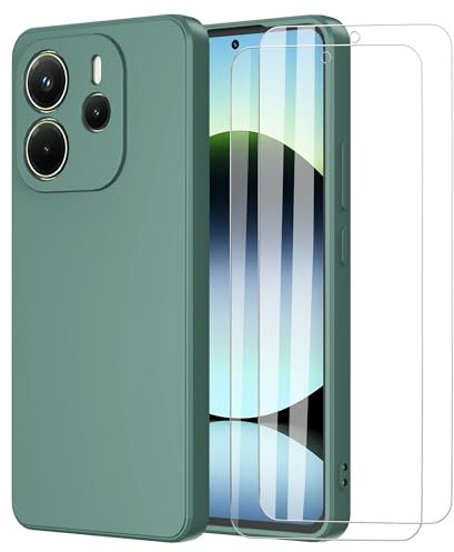 MOONESS Hülle kompatibel mit Xiaomi Redmi Note 14 4G 6,67 Zoll mit 2 Stück Schutzfolie Handyhülle, Liquid Silikon TPU Schutzhülle Dünn Backcover - Dunkelgrün