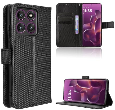 Rojeuinn Hülle für Motorola Moto Edge 60 Pro Handyhülle-Hülle Stoßfest Case Cover-Handy Case in Premium Kohlefaser [Klappbar Flip] [Standfunktion Tasche] -Schwarz