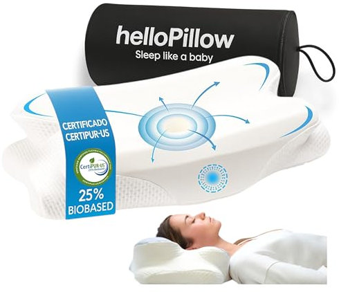 HelloPillow - Nacken- und Nackenkissen aus Memory-Schaum, orthopädisches Kissen, ergonomisches Kissen für Seitenschläfer und Mund oben, 60 x 35 x 8/12 cm, Weiß