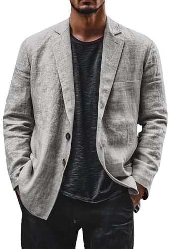 Veste d'été en lin pour homme - Blazer décontracté en coton et lin avec deux boutons - Veste simple et décontractée - Veste de costume pour les loisirs - Veste de transition pour homme - Coupe droite